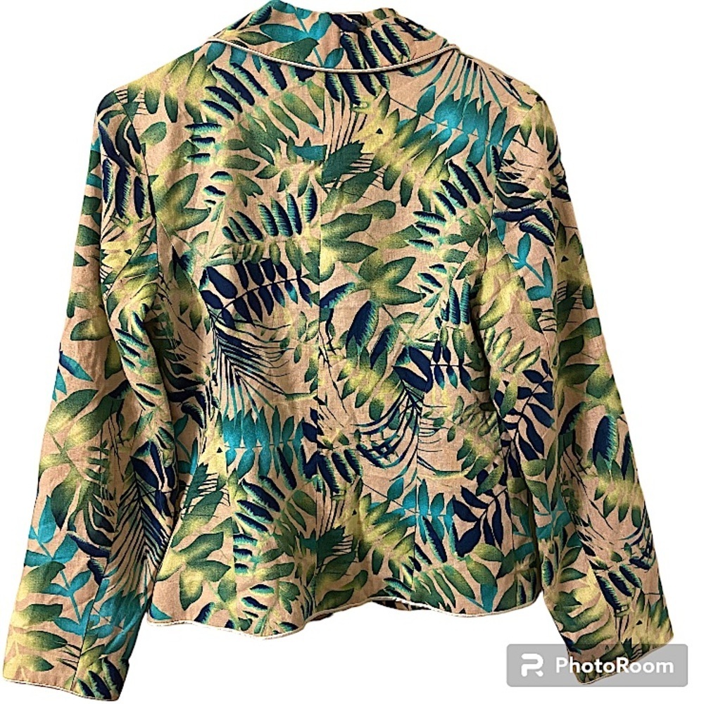 Monroe & Main Classic Linen Leaf Multi Colored Print Long Sleeves Festive Blazer - Picture 2 of 5